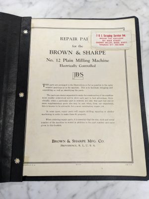 Brown & Sharpe Repair Part List Manual Catalog #12 Plain Milling Machine 1959
