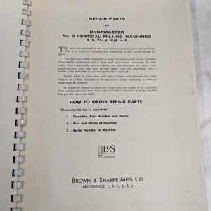 Brown & Sharpe Repair Part List Manual Catalog #2 Dynamaster Milling Machine