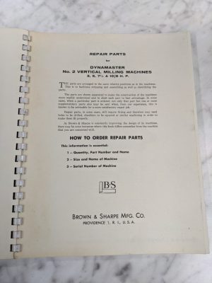 Brown & Sharpe Repair Part List Manual Catalog #2 Dynamaster Milling Machine
