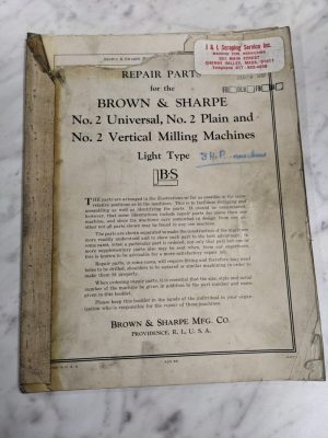 Brown & Sharpe Repair Part List Manual Catalog #2 Universal Plain Vertical Mill
