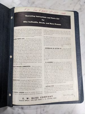 E W Bliss Operator Service Manual Parts List Inclinable Bench Horn Presses A-105
