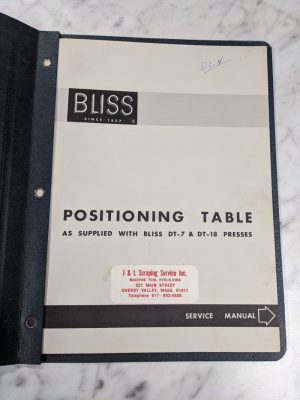 E W Bliss Operator Service Manual Parts List Positioning Table For Dt-7 Dt-18