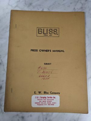 E W Bliss Operator Service Manual Parts List High Production Presses A-101 1946