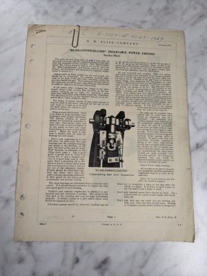 E W Bliss Operator Service Manual Parts List Inclinable Power Pin Clutch 1929