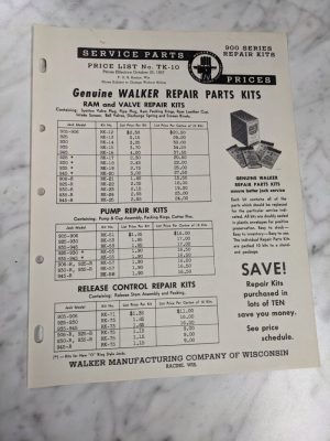 Walker Manufacturing Service Parts Price List #Tk-10 900 Series Kits Ram 1959