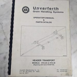 Unverferth Operator Manual Parts List Catalog Hta-25 Hta-30 Header Transport