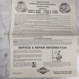Briggs Stratton Model 92500 92900 110900 111900 999 Operator Maintenance Manual