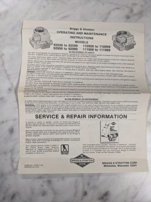 Briggs Stratton Model 92500 92900 110900 111900 999 Operator Maintenance Manual