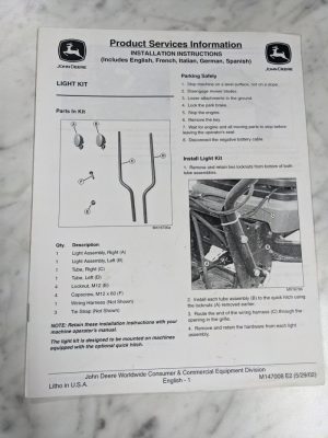 John Deere Operator Installation Instruction Manual Light Kit M147008 2002