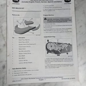 John Deere Operator Installation Instruction Manual 62C Mulch Kit M147579