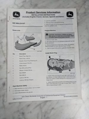 John Deere Operator Installation Instruction Manual 62C Mulch Kit M147579