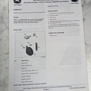 John Deere Operator Installation Instruction Manual Horn Kit M161355 2009