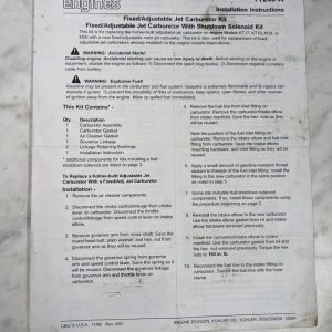 Kohler Engine Installation Instruction Tt240-A Caburetor Kit Shut Down Solenoid