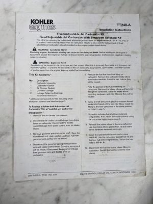 Kohler Engine Installation Instruction Tt240-A Caburetor Kit Shut Down Solenoid