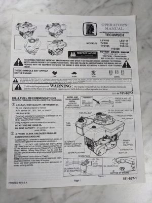 Tecumseh Operators Manual Lev100 115 Tvs 90 100 105 115 120 Mower Engine