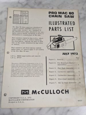 Mcculloch Chain Saws Illustrated Parts List Manual Catalog Pro Mac 60 1973 89321