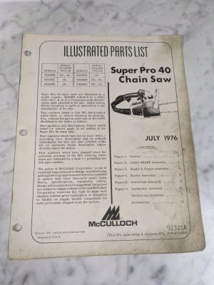 Mcculloch Parts List Illustrated Manual Chain Saw Super Pro 40 1976 92321A