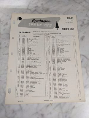 Oem Remington Illustrated Parts List Manual Chain Saw Cs-13 1967 Super 660