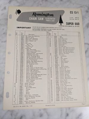 Oem Remington Illustrated Parts List Manual Chain Saw Cs-13-1 1967 Super 660 Gd