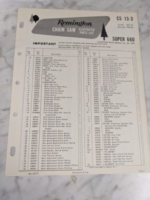 Oem Remington Illustrated Parts List Manual Chain Saw Cs-13-3 1968 Super 660 Hl