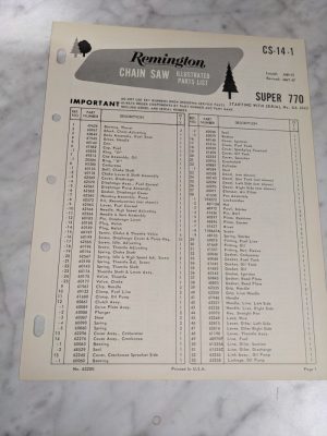 Oem Remington Illustrated Parts List Manual Chain Saw Cs-14-1 1967 Super 770 Ga