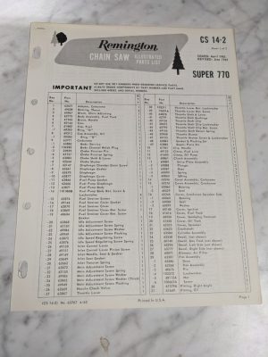 Oem Remington Illustrated Parts List Manual Chain Saw Cs-14-2 1963 Super 770