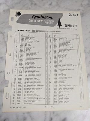 Oem Remington Illustrated Parts List Manual Chain Saw Cs-14-3 1964 Super 770 Hf
