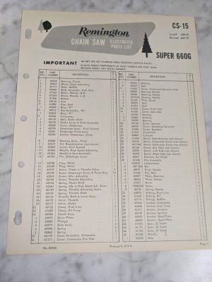 Oem Remington Illustrated Parts List Manual Chain Saw Cs-15 1967 Super 660G