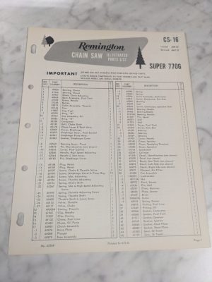 Oem Remington Illustrated Parts List Manual Chain Saw Cs-16 Super 770G 1967