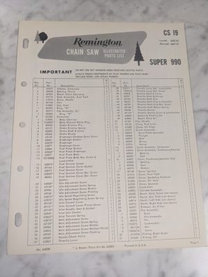 Oem Remington Illustrated Parts List Manual Chain Saw Cs 19 Super 990 1967