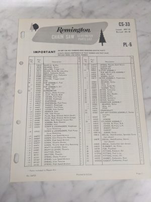 Oem Remington Illustrated Parts List Manual Chain Saw Cs 33 Pl-6 1966