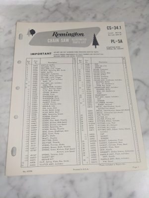 Oem Remington Illustrated Parts List Manual Chain Saw Cs-34.1 1967 Pl-5A Kk