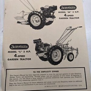 Simplicity Model M L Walking Garden Tractor Owners Manual & Parts List Book